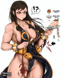 Rule 34 | !?, 1girl, biceps, black dress, bracelet, braid, breasts, cake, cameltoe, capcom, china dress, chinese clothes, chun-li, cleavage, dress, eating, food, fork, hershuar, jewelry, large breasts, long hair, muscular, muscular female, official alternate costume, official alternate hairstyle, panties, pelvic curtain, solo, spiked bracelet, spikes, spoken interrobang, street fighter, street fighter v, thighs, twin braids, underwear, wardrobe malfunction