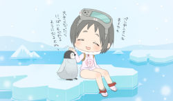 Rule 34 | 10s, 1girl, bird, black hair, chibi, diving mask, diving mask on head, closed eyes, glacier, goggles, goggles on head, ice, kantai collection, maru-yu (kancolle), open mouth, penguin, headpat, pqmoshi, school swimsuit, short hair, sitting, solo, swimsuit, tachiki (naruki)