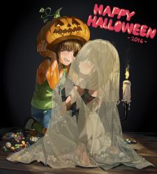Rule 34 | 2016, 2girls, adjusting clothes, adjusting headwear, aged down, black dress, blue shorts, blush, candle, candlestand, candy, closed mouth, commentary, dark, dress, closed eyes, food, frilled dress, frills, ghost costume, girls und panzer, green legwear, green shirt, grin, halloween, halloween costume, happy halloween, holding, itsumi erika, jack-o&#039;-lantern, kneeling, light frown, looking at viewer, medium dress, multiple girls, nishizumi miho, pink footwear, shirt, shoes, shorts, sitting, sleeveless, sleeveless dress, smile, sneakers, socks, tank top, veerinly, veil, wariza, white footwear
