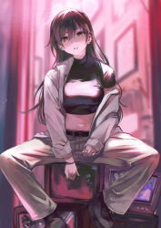 Rule 34 | 1girl, belt buckle, black hair, black shirt, blurry, blurry background, breasts, buckle, commentary request, cropped shirt, highres, idolmaster, idolmaster shiny colors, jacket, jacket partially removed, jewelry, large breasts, long hair, looking at viewer, navel, otsudou, ring, shirase sakuya, shirt, sitting, solo, spread legs, television, very long hair, white jacket