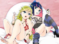 Rule 34 | 10s, 2girls, ahoge, banyuuishi, bare legs, barefoot, bed, blonde hair, blue eyes, blunt bangs, bow, bra, bracelet, breasts, earrings, eating, eye contact, feeding, feet, food, foot focus, green eyes, hair bow, hair ornament, high heels, jewelry, lingerie, long hair, looking at another, mouth hold, multicolored hair, multiple girls, nail polish, nail polish bottle, on bed, open mouth, panties, panties around leg, panty &amp; stocking with garterbelt, panty (psg), pudding, red bra, red panties, see-through, siblings, sisters, sitting, spoon, stocking (psg), striped clothes, striped legwear, striped thighhighs, thighhighs, toenail polish, toenails, toes, underwear, underwear only, utensil in mouth