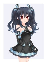 Rule 34 | bare shoulders, black hair, breasts, collar, dress, hair ornament, hairclip, highres, kazuneko (wktk1024), long hair, neptune (series), red eyes, ribbon, skirt, small breasts, smile, thighs, tsundere, twintails, two side up, uni (neptunia)