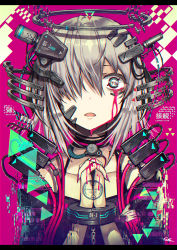 Rule 34 | 1girl, bare shoulders, bleeding, blood, choker, digital dissolve, gia, grey hair, hair over one eye, halo, headgear, highres, mechanical halo, original, own hands clasped, own hands together, pink background, short hair, solo, symbol in eye, upper body