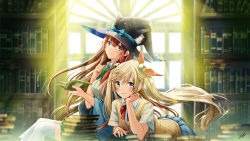 Rule 34 | 2girls, animal hat, arm support, backlighting, bell, blonde hair, blue eyes, blush, bow, bowtie, brown hair, hair bell, hair ornament, hair ribbon, hat, head rest, highres, index finger raised, indoors, kazuharu kina, leaning forward, library, light rays, long hair, looking at viewer, multiple girls, neck ribbon, original, ribbon, school uniform, signature, sitting, smile, sunlight, sweater vest, thighhighs, twintails, white legwear, wind, window, witch hat
