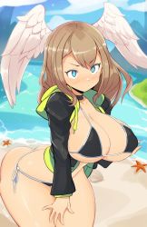 Rule 34 | 1girl, ass, beach, bikini, black choker, black jacket, blue eyes, breasts, choker, cleavage, eunie (xenoblade), head wings, highres, hood, jacket, jellcaps, large breasts, long hair, long sleeves, looking at viewer, ocean, open clothes, open jacket, seashell, shell, sky, solo, starfish, swimsuit, thighs, white wings, wings, xenoblade chronicles (series), xenoblade chronicles 3