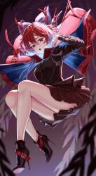 Rule 34 | 1girl, absurdres, black footwear, black jacket, cape, capelet, commentary request, falling, full body, high heels, highres, jacket, long sleeves, looking at viewer, night, night sky, open mouth, puffy long sleeves, puffy sleeves, red cape, red capelet, red eyes, red hair, red skirt, sekibanki, sekibanki day, short hair, skirt, sky, solo, thighs, torinari (dtvisu), touhou