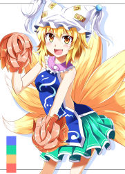 Rule 34 | 1girl, adapted costume, animal hat, bare arms, bare shoulders, cheerleader, e.o., fox tail, hat, hat with ears, highres, looking at viewer, mob cap, multiple tails, open mouth, orange eyes, mob cap, pom pom (cheerleading), skirt, smile, solo, tabard, tail, touhou, yakumo ran