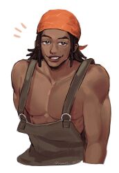 Rule 34 | 1boy, absurdres, bandana, bright pupils, brown eyes, brown hair, brown overalls, dark-skinned male, dark skin, dreadlocks, grin, highres, male focus, medium hair, nipples, notice lines, one piece, one piece (live action), orange bandana, overalls, pectorals, simple background, smile, solo, teeth, toned, toned male, upper body, usopp, vamos mk, white background, white pupils