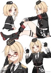 Rule 34 | 1girl, :o, aged down, armband, belt, bespectacled, black footwear, black gloves, black headwear, black jacket, black necktie, blonde hair, blush, boots, brown eyes, claw pose, closed mouth, commentary request, garrison cap, girls&#039; frontline, glasses, gloves, haijin, half gloves, hands up, hat, jacket, kneeling, korean commentary, leg up, legs, long sleeves, looking at viewer, medium hair, military uniform, motion lines, mp40 (girls&#039; frontline), multiple views, necktie, open mouth, red-framed eyewear, red armband, red socks, reichsadler, shirt, simple background, sitting, smile, socks, thigh strap, third-party source, uniform, weibo logo, weibo username, white background, white belt, white shirt