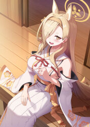 Rule 34 | 1girl, absurdres, animal ears, bare shoulders, blonde hair, blue archive, blush, breasts, detached sleeves, fox ears, hair over one eye, hakama, halo, highres, japanese clothes, kaho (blue archive), kimono, large breasts, long hair, looking at viewer, mole, mole under mouth, open mouth, shinori (efvbji6264), sideboob, sitting, smile, solo, veranda, white hakama, white kimono, white sleeves, wide sleeves, yellow eyes, yellow halo