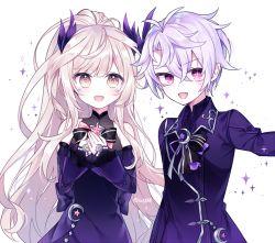 Rule 34 | 1boy, 1girl, :d, add (elsword), alternate costume, blonde hair, bow, bright pupils, character request, check character, coat, commentary, crossed bangs, detached sleeves, dress, elsword, eve (elsword), g ieep, hair between eyes, light purple hair, long hair, long sleeves, open mouth, ponytail, purple dress, purple eyes, purple hair, short hair, sidelocks, simple background, smile, sparkle, symbol-only commentary, symbol-shaped pupils, twitter username, very long hair, yellow eyes