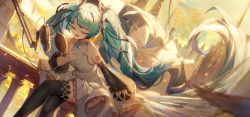 Rule 34 | 1girl, :d, absurdly long hair, bare shoulders, black sleeves, blue sky, breasts, closed eyes, cloud, cloudy sky, collarbone, commentary request, covered collarbone, crossed legs, detached sleeves, dress, feet out of frame, green hair, hatsune miku, highres, ji dao ji, long hair, long sleeves, microphone, open mouth, outdoors, railing, sky, sleeveless, sleeveless dress, small breasts, smile, solo, thighhighs, twintails, very long hair, vocaloid, white dress, wide sleeves