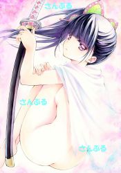 Rule 34 | 1girl, ass, black hair, blunt bangs, breasts, butterfly hair ornament, cape, floating hair, from behind, hair ornament, holding, holding sheath, katana, kimetsu no yaiba, long hair, looking at viewer, looking back, marker (medium), naked cape, nude, parted lips, purple eyes, sample watermark, sheath, sheathed, side ponytail, sideboob, small breasts, solo, sword, traditional media, tsuyuri kanao, watermark, weapon, white cape, yqgkg