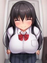 Rule 34 | 1girl, arms at sides, black hair, blurry, blurry background, blush, bow, bowtie, breasts, closed eyes, closed mouth, female focus, hair between eyes, happy, highres, indoors, large breasts, long hair, nose blush, original, red bow, red bowtie, school uniform, shirt, skirt, smile, solo, standing, tapisuke, white shirt