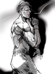Rule 34 | 1boy, almostghost, blonde hair, boxing, boxing gloves, boxing shorts, gloves, highres, hunter x hunter, looking at viewer, male focus, monochrome, mouth guard, muscular, muscular male, phinks magcub, profile, short hair, shorts, simple background, solo, topless