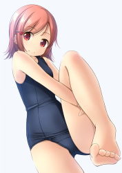 Rule 34 | 1girl, bare arms, bare legs, bare shoulders, barefoot, black one-piece swimsuit, blush, breasts, brown eyes, brown hair, closed mouth, commentary request, dutch angle, feet, foot focus, foreshortening, grey background, hair ornament, hairclip, heart, heart hair ornament, highres, hugging own legs, knee up, long hair, looking at viewer, old school swimsuit, one-piece swimsuit, original, school swimsuit, shibacha, simple background, sitting, small breasts, smile, solo, swimsuit, thighs, toenails, toes