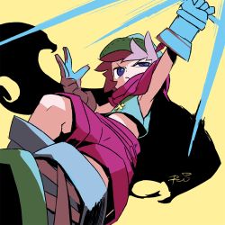 Rule 34 | 1boy, aiming, boots, bow (weapon), brown gloves, cape, closed mouth, commentary request, etrian odyssey, foreshortening, from below, gloves, half-closed eye, holding, holding bow (weapon), holding weapon, male focus, pink cape, pink shorts, purple hair, ranger (sekaiju), ranger 2 (sekaiju), reiesu (reis), shorts, signature, simple background, solo, weapon, yellow background