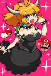 Rule 34 | 1girl, :d, absurdres, armlet, bare shoulders, black collar, black dress, blonde hair, blue eyes, bowsette, bracelet, breasts, brooch, cleavage, collar, crown, dress, earrings, fang, hand up, highres, horns, jewelry, lakilolom, long hair, mario, mario (series), medium breasts, mushroom, new super mario bros. u deluxe, nintendo, open mouth, pink background, pink pupils, pinky out, ponytail, sexually suggestive, smile, solo, sparkle, spiked armlet, spiked bracelet, spiked collar, spikes, strapless, strapless dress, super crown, turtle shell, v-shaped eyebrows