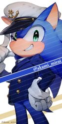 Rule 34 | 1boy, anchor symbol, animal ears, animal nose, artist name, blue fur, blue jacket, blush, buttons, collared jacket, furry, furry male, gloves, green eyes, hand on own hip, hand up, hat, hedgehog, hedgehog ears, hedgehog tail, iiimirai, index finger raised, jacket, long sleeves, looking at viewer, male focus, shirt, simple background, smile, solo, sonic (series), sonic the hedgehog, sparkle, standing, tail, teeth, the murder of sonic the hedgehog, watermark, white background, white gloves, white hat, white shirt