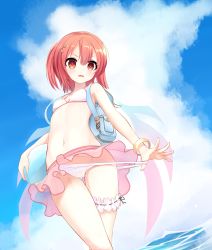 Rule 34 | 1girl, bag, ball, bare arms, beachball, bikini, bracelet, bridal garter, cloud, cloudy sky, day, dutch angle, flat chest, from below, furrowed brow, gradient background, hair between eyes, hair ornament, handbag, highres, jewelry, leaf1031, navel, ocean, open mouth, original, outdoors, red eyes, red hair, short hair, sky, solo, swimsuit, wading, water