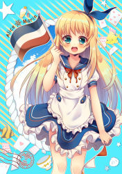 Rule 34 | 1girl, :d, animal, apron, blonde hair, blue hairband, blue ribbon, blue sailor collar, blue sky, blush, bow, breasts, card, cloud, club (shape), collarbone, commentary request, cup, diagonal stripes, diamond (shape), fish, flag, frilled apron, frilled skirt, frills, green eyes, hair ribbon, hairband, heart, highres, holding, holding flag, long hair, medium breasts, open mouth, original, pennant, pk (mukasihasakana), playing card, puffy short sleeves, puffy sleeves, red bow, ribbon, sailor collar, seashell, shell, shirt, short sleeves, skirt, sky, smile, solo, spade (shape), star (symbol), string of flags, striped, striped background, teacup, teeth, upper teeth only, very long hair, waist apron, white apron, white shirt