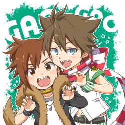 Rule 34 | &gt;:d, 10s, 2boys, :d, akuno hideo, akuno hideo&#039;s brother, akuno hideo (cosplay), bad id, bad twitter id, belt, blue eyes, blush, brown eyes, brown hair, child, choker, collar, cosplay, dog tags, fake tail, fang, fingerless gloves, gloves, highres, idolmaster, idolmaster side-m, looking at viewer, male focus, midriff, multiple boys, open mouth, scarf, shamushamu, sharp teeth, short sleeves, sleeveless, smile, studded bracelet, studded collar, tachibana shiro (idolmaster), tail, teeth, v-shaped eyebrows
