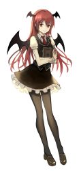 Rule 34 | 1girl, bad id, bad pixiv id, bat wings, black pantyhose, book, full body, head wings, holding, holding book, koakuma, long hair, long sleeves, mary janes, miniskirt, necktie, pantyhose, red eyes, red hair, shirt, shoes, simple background, skirt, skirt set, smile, solo, torang3478, touhou, vest, white background, wings