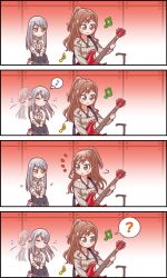 Rule 34 | 2girls, 4koma, ?, bang dream!, black eyes, black skirt, brown eyes, brown hair, center frills, closed eyes, comic, commentary request, dancing, electric guitar, frills, grey hair, grey sweater, guitar, guitar stand, half updo, hands on lap, highres, holding, holding instrument, imai lisa, indoors, instrument, jewelry, kyou (fr39), long hair, long sleeves, looking back, minato yukina, multiple girls, music, musical note, neck ribbon, notice lines, off-shoulder, off-shoulder sweater, off shoulder, pendant, playing instrument, ribbed sweater, ribbon, silent comic, sitting, skirt, spoken musical note, spoken question mark, stool, sweater, white neckwear