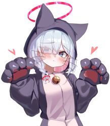 Rule 34 | 1girl, absurdres, alpha beast, animal costume, animal hands, bell, blue archive, blue eyes, blush, braid, breasts, cat costume, cat paws, closed mouth, grey hair, halo, heart, highres, hood, hood up, jingle bell, long hair, looking at viewer, pink hair, plana (blue archive), red halo, simple background, single braid, small breasts, solo, upper body, white background