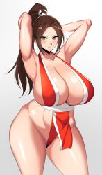 Rule 34 | 1girl, armpits, arms behind head, arms up, blush, breasts, brown eyes, brown hair, cleavage, closed mouth, curvy, forehead, highres, huge breasts, long hair, looking at viewer, parted bangs, ponytail, revealing clothes, shiny skin, shiranui mai, smile, solo, standing, tanaken, the king of fighters, thick thighs, thighhighs, thighs