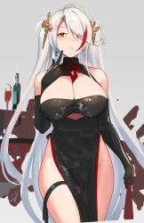 Rule 34 | 1girl, antenna hair, azur lane, black dress, blush, breasts, china dress, chinese clothes, clothing cutout, cross, cross earrings, dress, earrings, elbow gloves, folded fan, folding fan, gloves, groin, hair between eyes, hair ornament, hand fan, hayabusa, highres, holding, index finger raised, iron cross, jewelry, large breasts, long hair, looking at viewer, mole, mole on breast, multicolored hair, parted lips, pelvic curtain, prinz eugen (azur lane), red hair, sidelocks, silver hair, solo, standing, streaked hair, swept bangs, thigh strap, thighs, two side up, underboob, underboob cutout, very long hair