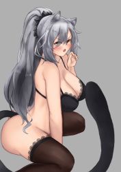 Rule 34 | 1girl, absurdres, animal ears, arknights, bare shoulders, black bra, black legwear, bottomless, bra, breasts, cat ears, cat tail, cleavage, commentary, grey background, hand up, highres, lace, lace-trimmed bra, lace-trimmed legwear, lace trim, large breasts, long pointy ears, open mouth, pointy ears, ponytail, schwarz (arknights), simple background, sitting, solo, tail, thighs, underwear, underwear only, wariza, yujieai