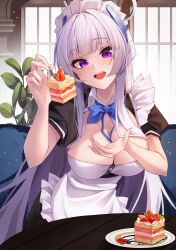 Rule 34 | 1girl, absurdres, alternate costume, apron, black dress, blue archive, blush, breasts, cake, cake slice, cleavage, dress, enmaided, fingernails, food, fork, frilled apron, frills, grey hair, halo, hidel, highres, holding, holding fork, large breasts, long hair, looking at viewer, maid, maid apron, maid headdress, mechanical halo, noa (blue archive), open mouth, puffy short sleeves, puffy sleeves, purple eyes, short sleeves, smile, solo, white apron