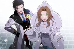 Rule 34 | 1boy, 1girl, absurdres, aerith gainsborough, aerith gainsborough (fairy of snowfall), black hair, brown hair, coat, corsage, final fantasy, final fantasy vii, final fantasy vii ever crisis, fingerless gloves, formal, gloves, green eyes, hat, highres, igusaharu, long coat, necktie, official alternate costume, open mouth, smile, snowflakes, snowing, spiked hair, suit, winter clothes, winter coat, zack fair, zack fair (holiday suit)