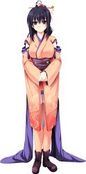 Rule 34 | 1girl, artist request, black hair, boots, detached sleeves, duelist x engage, full body, hair ornament, hairpin, japanese clothes, kakyouin tsubaki, kimono, orange eyes, source request, transparent background