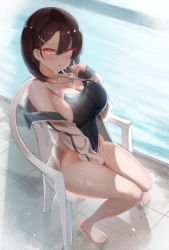 Rule 34 | 1girl, barefoot, black one-piece swimsuit, breasts, can zhu, chair, cleavage, competition swimsuit, feet, highres, jacket, large breasts, looking at viewer, one-piece swimsuit, open clothes, open jacket, original, pool, poolside, sitting, sleeves past wrists, solo, swimsuit, water, wet, wet clothes, white jacket