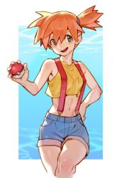 Rule 34 | 1girl, :d, aqua background, collarbone, creatures (company), denim, denim shorts, game freak, green eyes, gym leader, hand on own hip, highres, holding, holding poke ball, looking to the side, midriff, misty (pokemon), navel, nintendo, open mouth, poke ball, poke ball (basic), pokemon, pokemon (anime), pokemon (classic anime), short hair, shorts, side ponytail, sleeveless, smile, solo, suspenders, tank top, teeth, uncle rabbit ii, yellow tank top