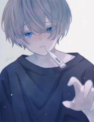 Rule 34 | 1boy, 4ino (shiino), blue eyes, blue shirt, crying, crying with eyes open, grey hair, highres, in mouth, light rays, looking at viewer, male focus, original, shirt, short hair, solo, tears, upper body