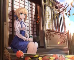 Rule 34 | 1girl, ahoge, architecture, artoria pendragon (all), artoria pendragon (fate), autumn, autumn leaves, blonde hair, blue ribbon, blue skirt, blush, braid, cup, east asian architecture, fate/stay night, fate (series), food, fruit, green eyes, hair ribbon, high-waist skirt, highres, ice (ice aptx), japanese house, lens flare, looking at viewer, ribbon, saber (fate), sitting, skirt, smile, solo, sun, teacup