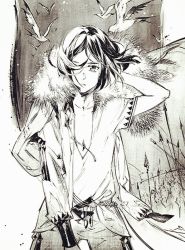 Rule 34 | 1boy, alternate costume, ancient greek clothes, androgynous, bird, cape, cloak, fate/zero, fate (series), floating hair, fur trim, greco-roman clothes, ionioi hetairoi (fate), male focus, monochrome, off shoulder, parted bangs, solo, swept bangs, tunic, v-neck, waver velvet, wind, xiling