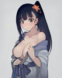 Rule 34 | 10s, 1girl, bare shoulders, black hair, blush, breasts, brown eyes, cleavage, flower, hair flower, hair ornament, japanese clothes, koutetsujou no kabaneri, large breasts, long hair, looking at viewer, off shoulder, open clothes, ponytail, purple eyes, simple background, smile, solo, undressing, walzrj, yomogawa ayame