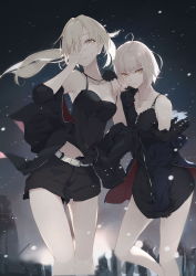 Rule 34 | 2girls, artoria pendragon (all), artoria pendragon (fate), belt, blonde hair, breasts, dress, fate/grand order, fate/stay night, fate (series), fur trim, highres, jacket, jeanne d&#039;arc (fate), jeanne d&#039;arc alter (fate), jeanne d&#039;arc alter (ver. shinjuku 1999) (fate), jewelry, kodamazon, long hair, looking at viewer, multiple girls, necklace, off shoulder, official alternate costume, ponytail, saber alter, saber alter (ver. shinjuku 1999) (fate), short hair, shorts, snowing, tank top, wicked dragon witch ver. shinjuku 1999, yellow eyes