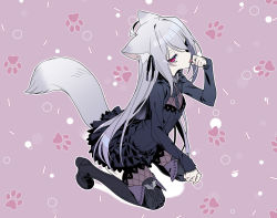 Rule 34 | 1girl, ahoge, animal ear fluff, animal ears, bat ornament, black dress, black ribbon, boots, cat ears, cat girl, cat tail, dress, fishnet thighhighs, fishnets, full body, goth fashion, grey hair, hair ribbon, highres, kneeling, licking, licking finger, long hair, long sleeves, looking at viewer, mearylis (yamanasi mikage), original, pale skin, paw pose, paw print, paw print background, red eyes, ribbon, sleeves past wrists, solo, tail, thigh boots, thighhighs, thighhighs under boots, tongue, tongue out, very long hair, yamanasi mikage