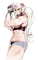 Rule 34 | 1girl, abs, adjusting clothes, adjusting headwear, baseball cap, biceps, blonde hair, bowalia, breasts, crop top, cutoffs, denim, denim shorts, fatal fury, fatal fury cap, fingerless gloves, flexing, genderswap, genderswap (mtf), gloves, hat, large breasts, long hair, micro shorts, midriff, muscular, muscular female, navel, obliques, open clothes, open fly, open shorts, ponytail, short shorts, shorts, snk, snk heroines: tag team frenzy, star (symbol), tank top, terry bogard, the king of fighters, thick thighs, thighs, toned, unzipped, vest
