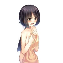 Rule 34 | 1girl, bad id, bad pixiv id, black eyes, black hair, blush, breasts, covering privates, cowboy shot, large breasts, long hair, low ponytail, nude, nude cover, open mouth, original, sakakidani, solo, tears, wavy mouth, white background