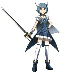 Rule 34 | 1girl, adapted costume, alternate costume, blue eyes, blue hair, cape, cosplay, crossover, hand on own hip, highres, magical girl, mahou shoujo madoka magica, mahou shoujo madoka magica (anime), miki sayaka, parody, precure, short hair, simple background, skirt, smile precure!, standing, sword, takaya n, thighhighs, tiara, weapon, white background, white thighhighs