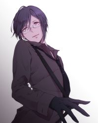 Rule 34 | 10s, 1boy, arched back, black gloves, black necktie, black shirt, dress shirt, equal-e-p, glasses, gloves, gradient background, highres, looking at viewer, male focus, necktie, parted lips, purple eyes, purple hair, shirt, solo, suspenders, suspenders pull, touken ranbu, upper body, yagen toushirou