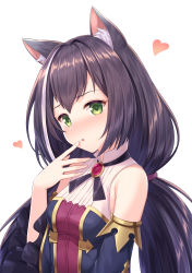 Rule 34 | 1girl, :o, absurdres, animal ear fluff, animal ears, bare shoulders, black hair, blush, breasts, cat ears, collared shirt, commentary request, green eyes, hand up, heart, highres, karyl (princess connect!), long hair, low twintails, multicolored hair, parted lips, princess connect!, shirt, sleeveless, sleeveless shirt, small breasts, solo, streaked hair, tomo (tmtm mf mf), twintails, upper body, very long hair, white hair, white shirt