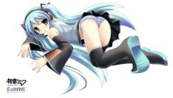 Rule 34 | :p, all fours, blue eyes, blue hair, blush, boots, detached sleeves, hatsune miku, headphones, highres, lying, namamo nanase, on stomach, panties, skirt, solo, striped clothes, striped panties, thigh boots, thighhighs, tongue, tongue out, underwear, upskirt, vocaloid