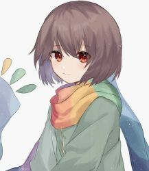Rule 34 | 1other, alternate universe, artist request, blue scarf, brown hair, chara (undertale), closed mouth, colored inner hair, green jacket, green scarf, jacket, long sleeves, looking at viewer, multicolored clothes, multicolored hair, multicolored scarf, orange scarf, purple hair, purple scarf, rainbow scarf, red eyes, red scarf, scarf, short hair, smile, solo, third-party source, undertale, upper body, v arms, white background, yellow scarf